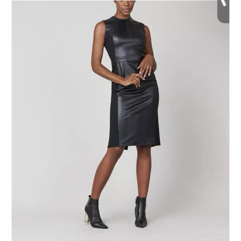 NWT SPANX Leather-like Sleeveless Fitted Sheath Dress Small Black